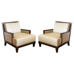 Pair of Barbara Barry for Baker Boxback Leather and Wood Accent Lounge Chairs