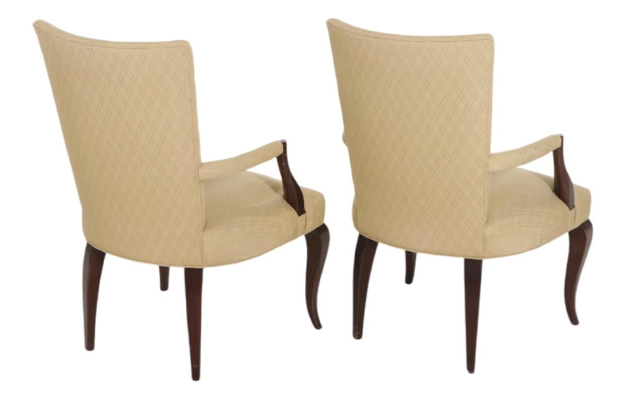 Art Deco Pair of Barbara Barry for Baker Upholstered and Black Lacquer Arm Chairs For Sale