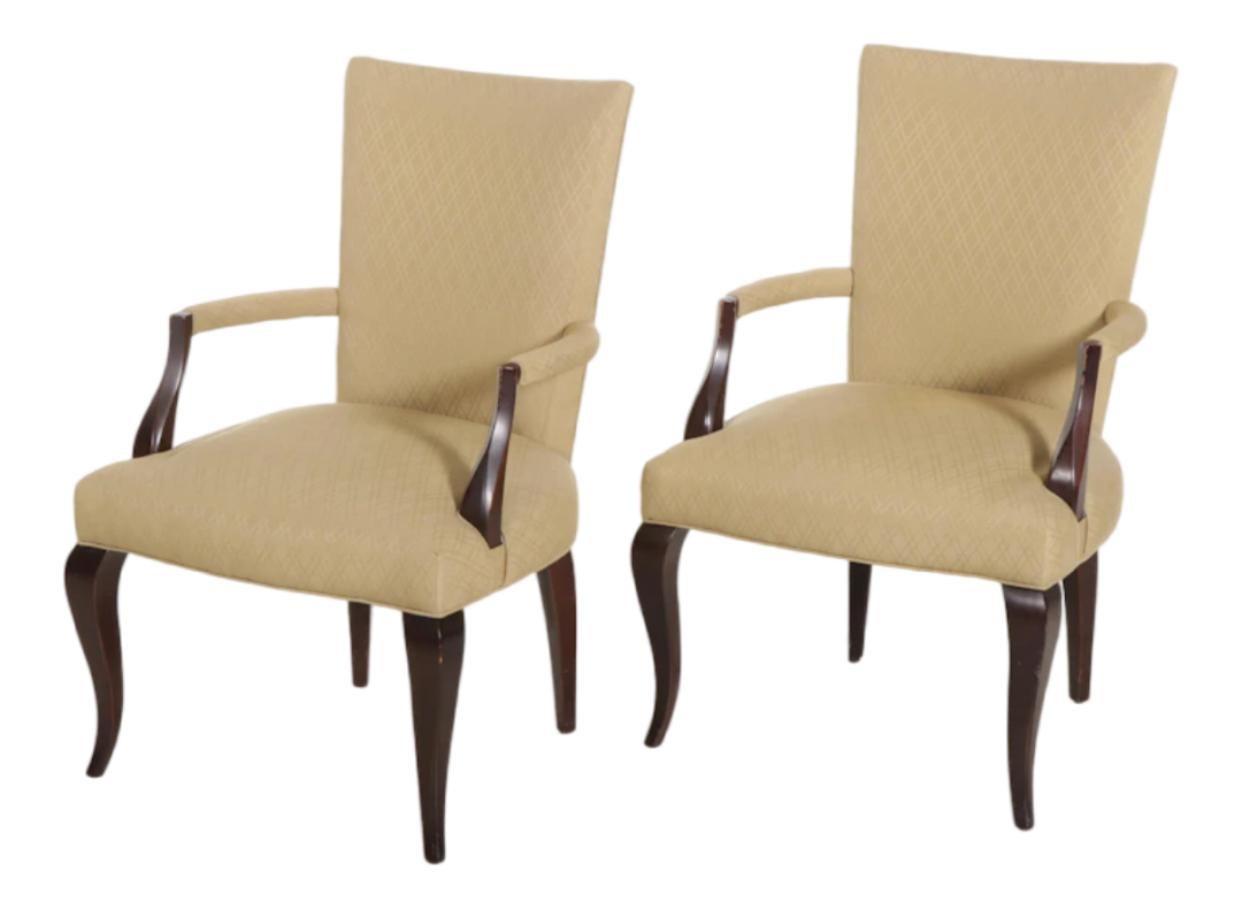 American Pair of Barbara Barry for Baker Upholstered and Black Lacquer Arm Chairs For Sale