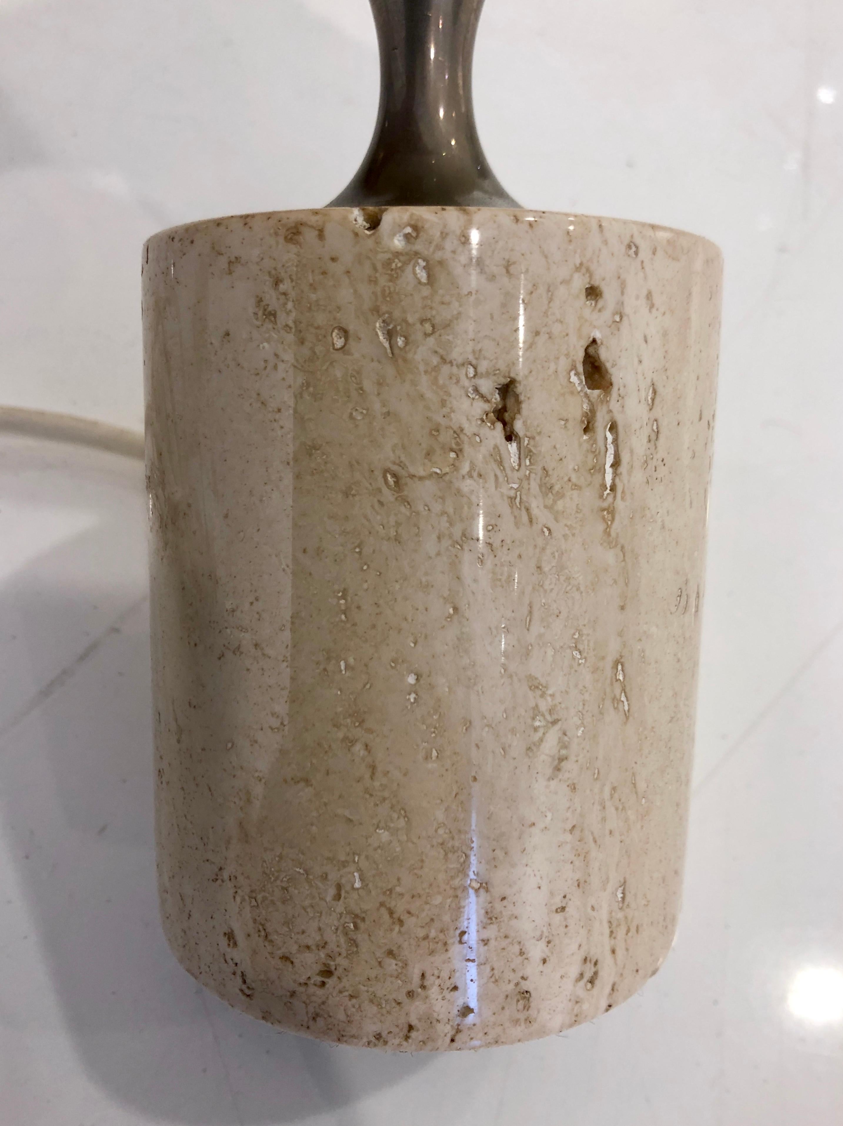 Pair of Barbier Nickel and Travertine Table Lamps In Good Condition For Sale In Brooklyn, NY