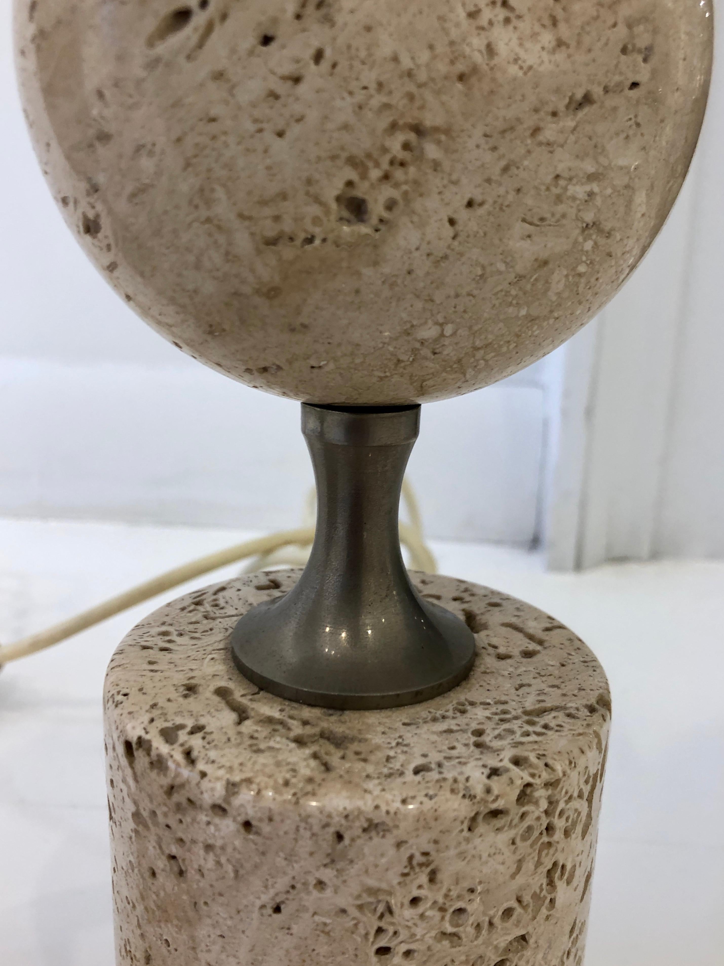 Pair of Barbier Nickel and Travertine Table Lamps For Sale 1