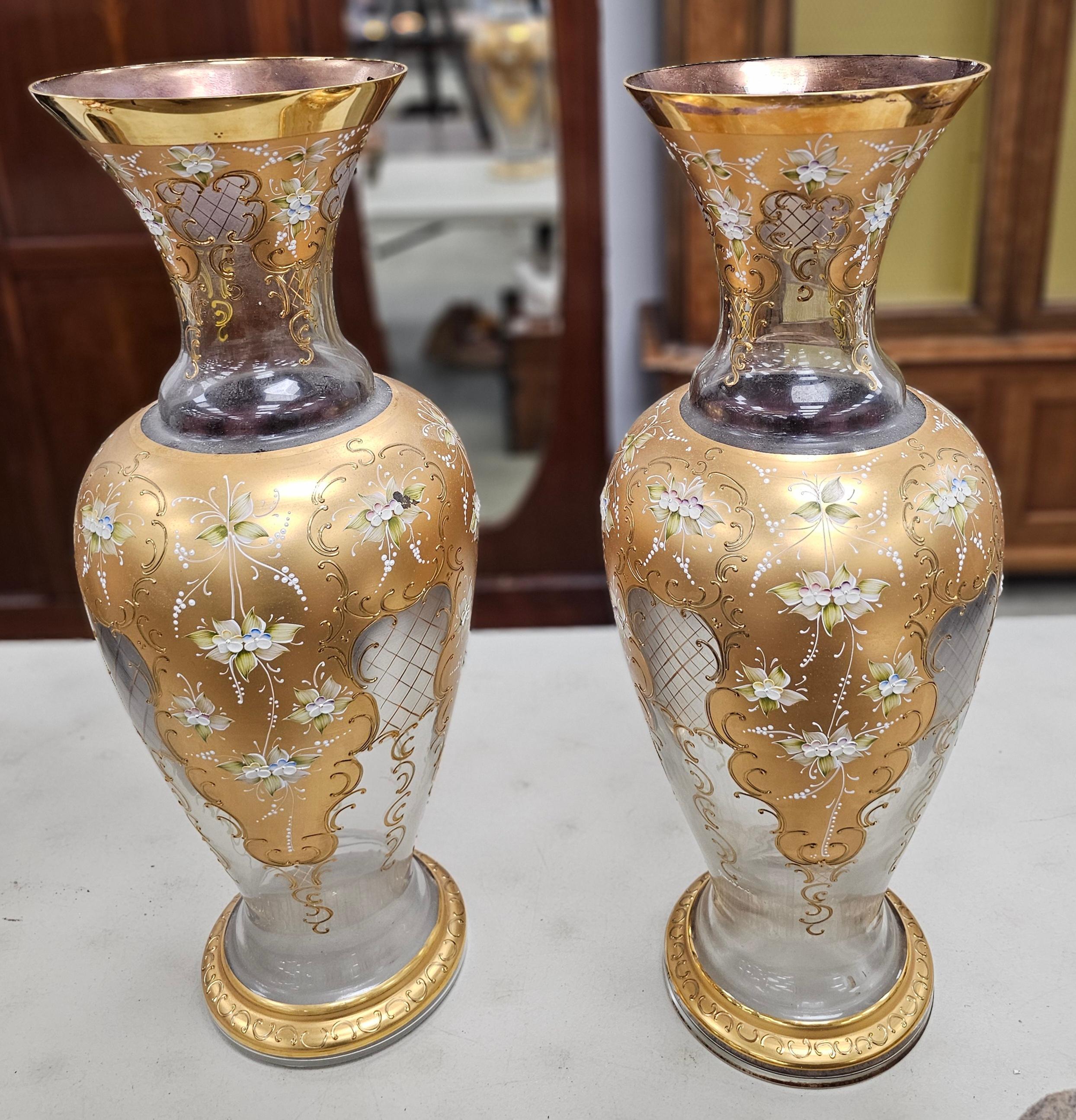 Pair of Barbini, Murano Gilt and Polychrome Gilt Enameled Large Glass Vases
Measures 11