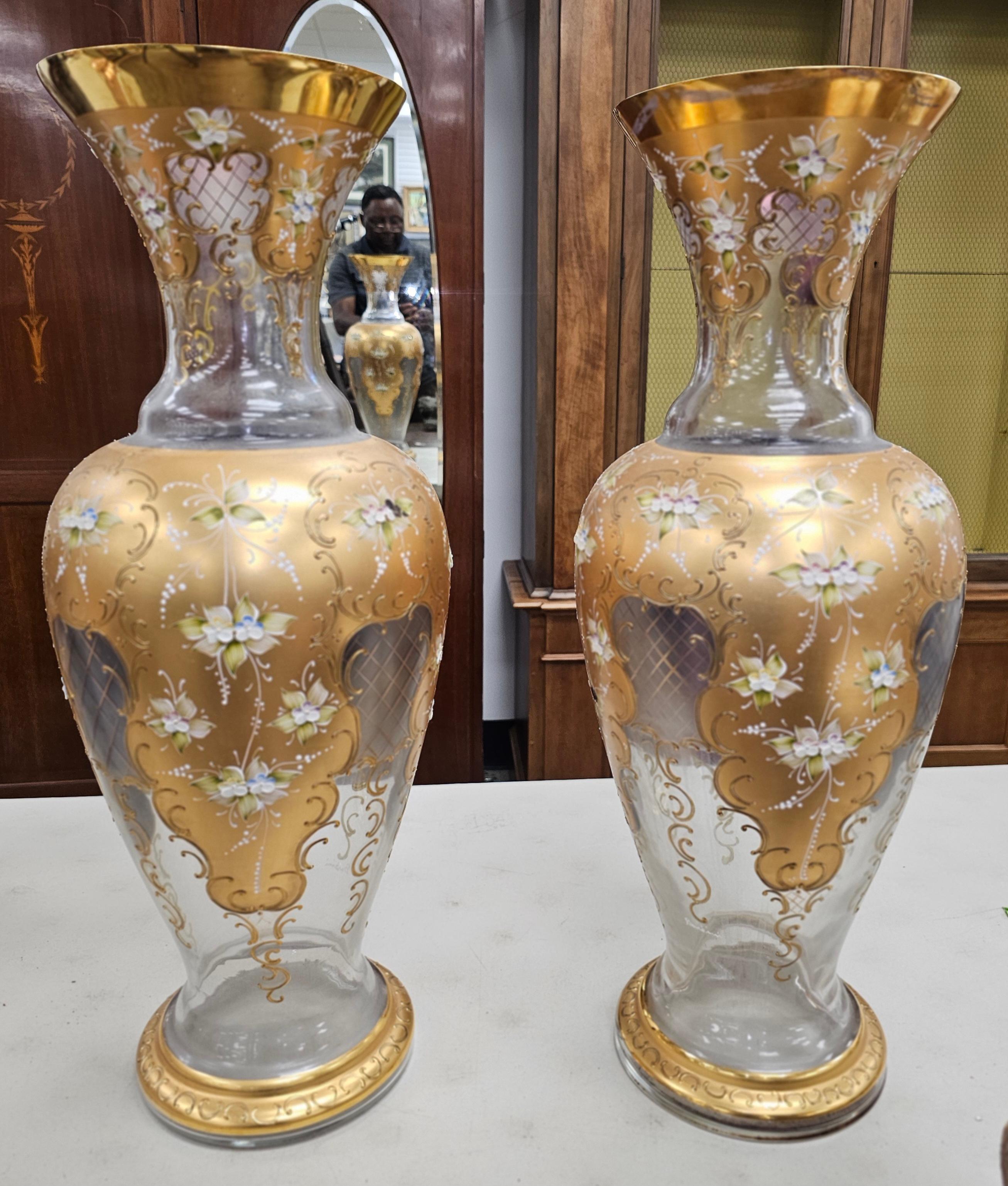Mid-Century Modern Pair of Barbini, Murano Gilt and Polychrome Enameled Large Glass Vases For Sale