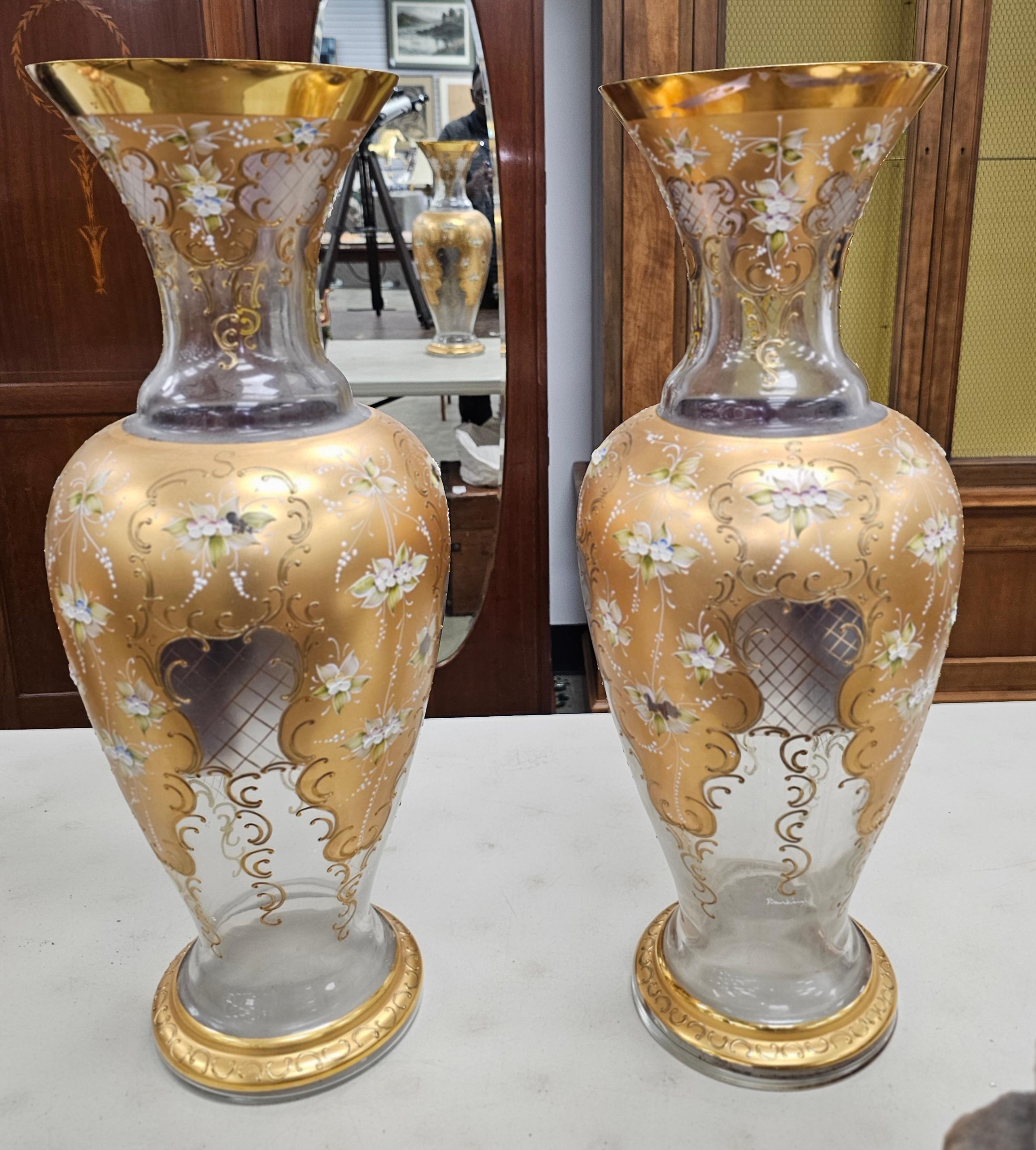 American Pair of Barbini, Murano Gilt and Polychrome Enameled Large Glass Vases For Sale