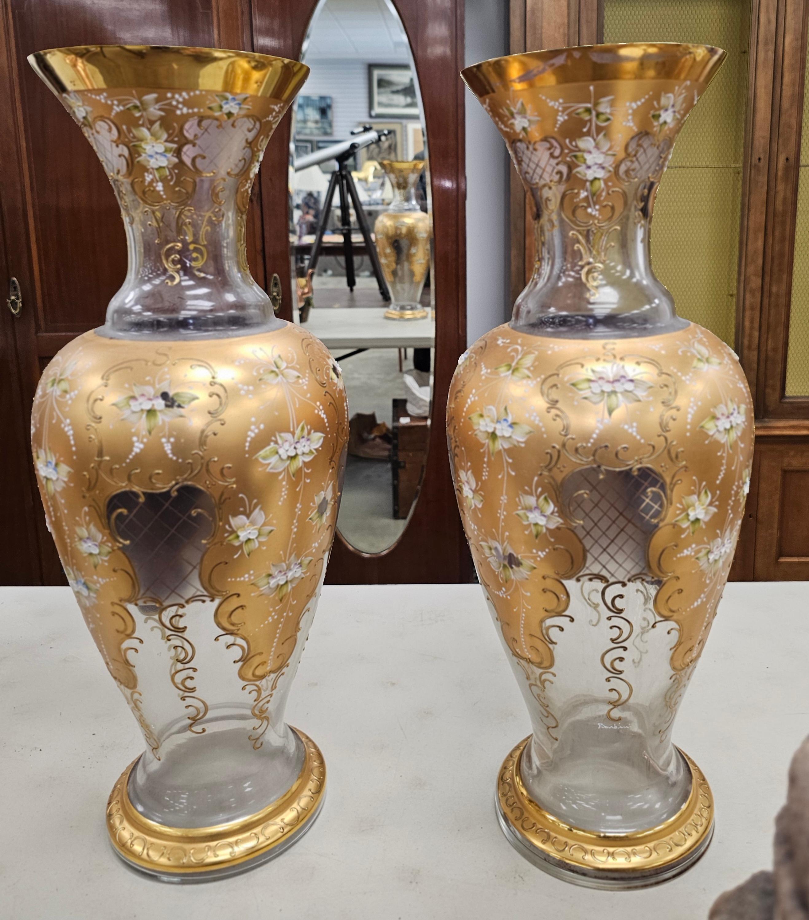 Pair of Barbini, Murano Gilt and Polychrome Enameled Large Glass Vases In Good Condition For Sale In Germantown, MD