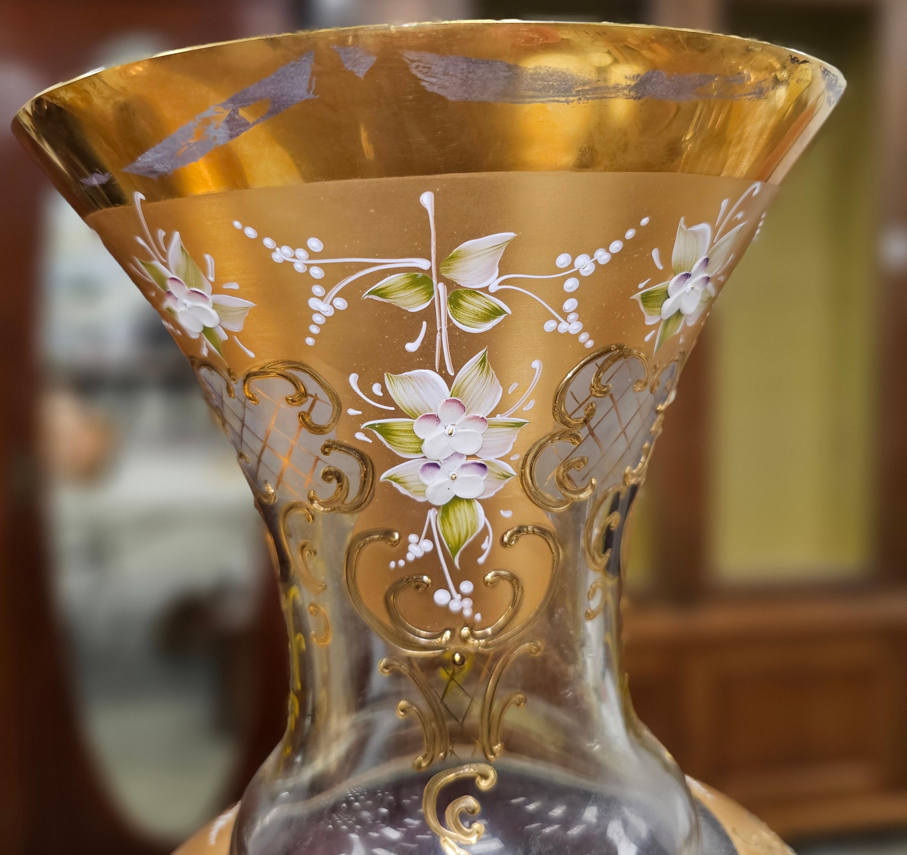20th Century Pair of Barbini, Murano Gilt and Polychrome Enameled Large Glass Vases For Sale