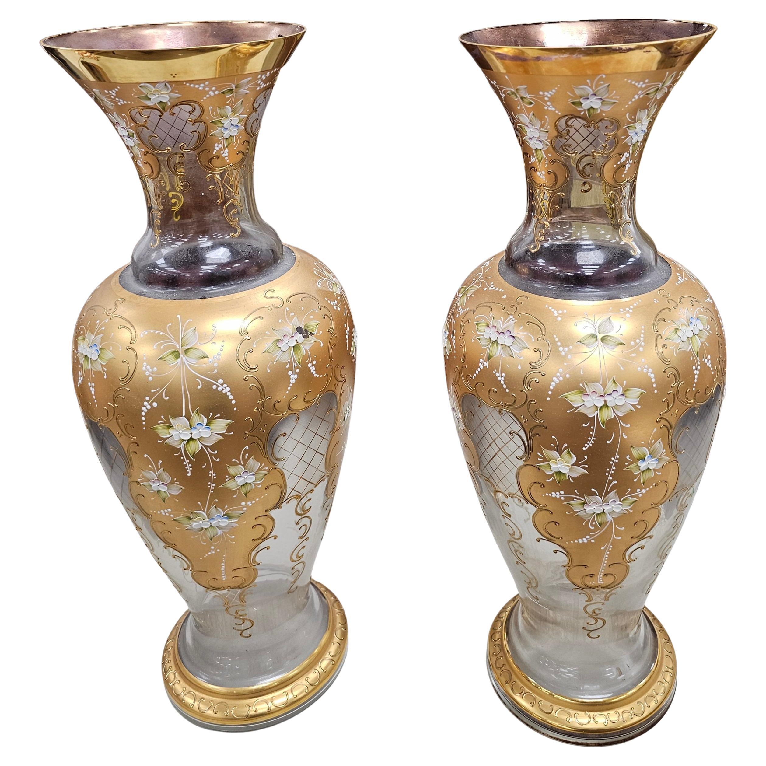 Pair of Barbini, Murano Gilt and Polychrome Enameled Large Glass Vases For Sale