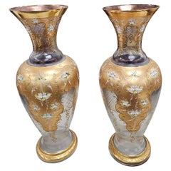Pair of Barbini, Murano Gilt and Polychrome Enameled Large Glass Vases