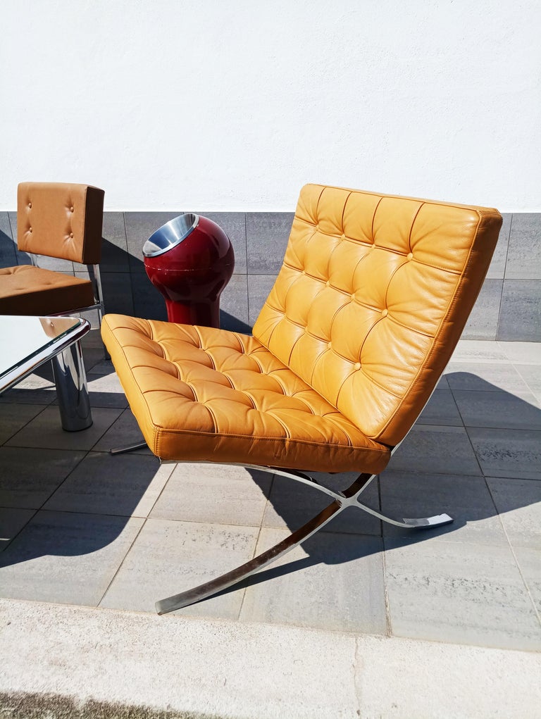 Pair Of Barcelona Armchairs Cognac Leather By Mies Van Der Rohe