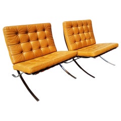 Pair of Barcelona Armchairs, Cognac Leather by Mies Van Der Rohe for Knoll, 1968