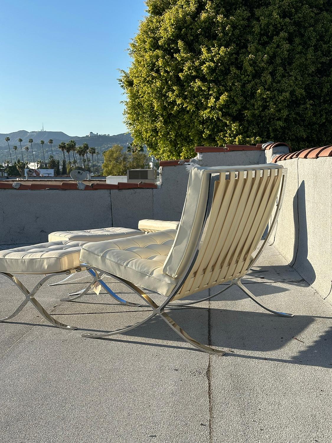 Pair of Barcelona Chairs with Otttomans For Sale 5