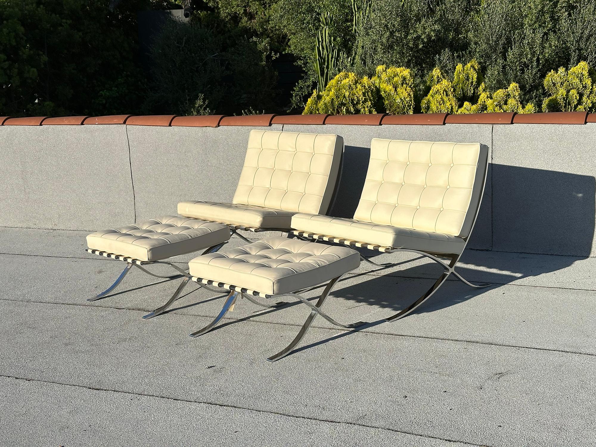 Ludwig Mies van der Rohe's Barcelona Chair, designed in 1929 for the German Pavilion at the International Exposition in Barcelona, is a timeless icon of modernist furniture. The color of these chairs is clean and soft in the off-white tone which is