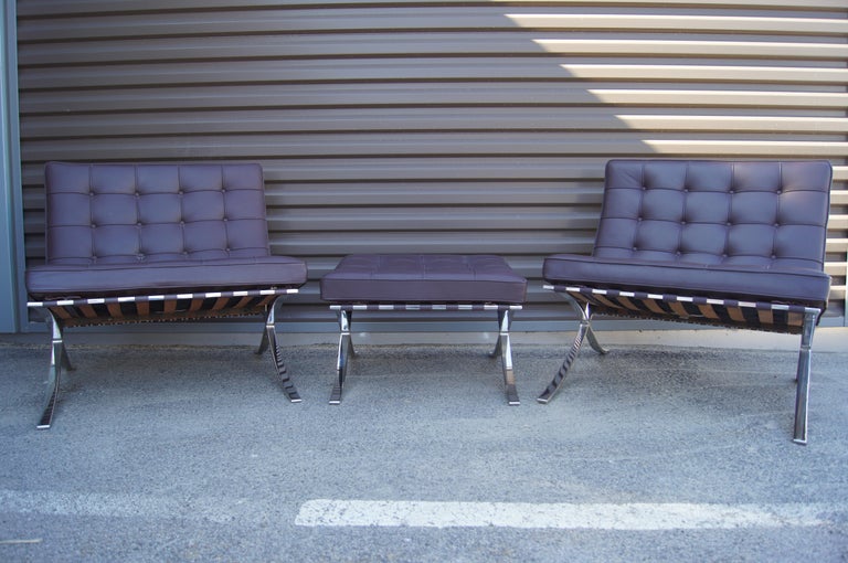 Bauhaus Pair of Barcelona Chairs with Single Ottoman by Mies Van Der Rohe for Knoll For Sale