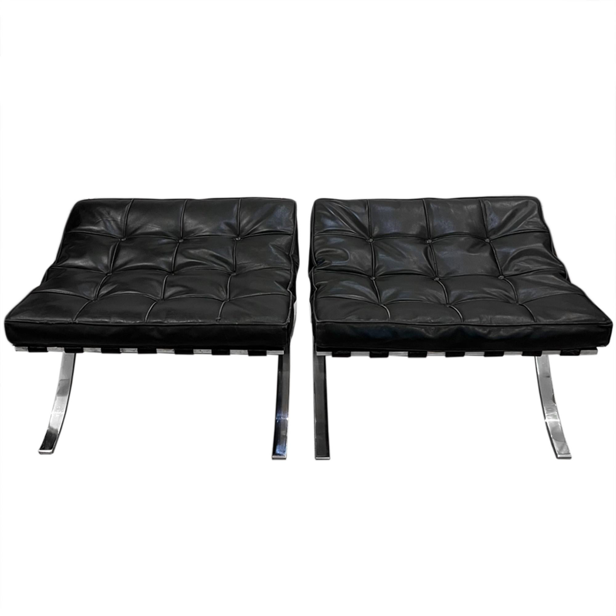 We’re selling these as a pair or individually - the timeless Classic Barcelona stool by Knoll.

We've replaced the latex filling in both seat pads. The wear on the leather cushions are consistent with their age - both are in good worn condition -