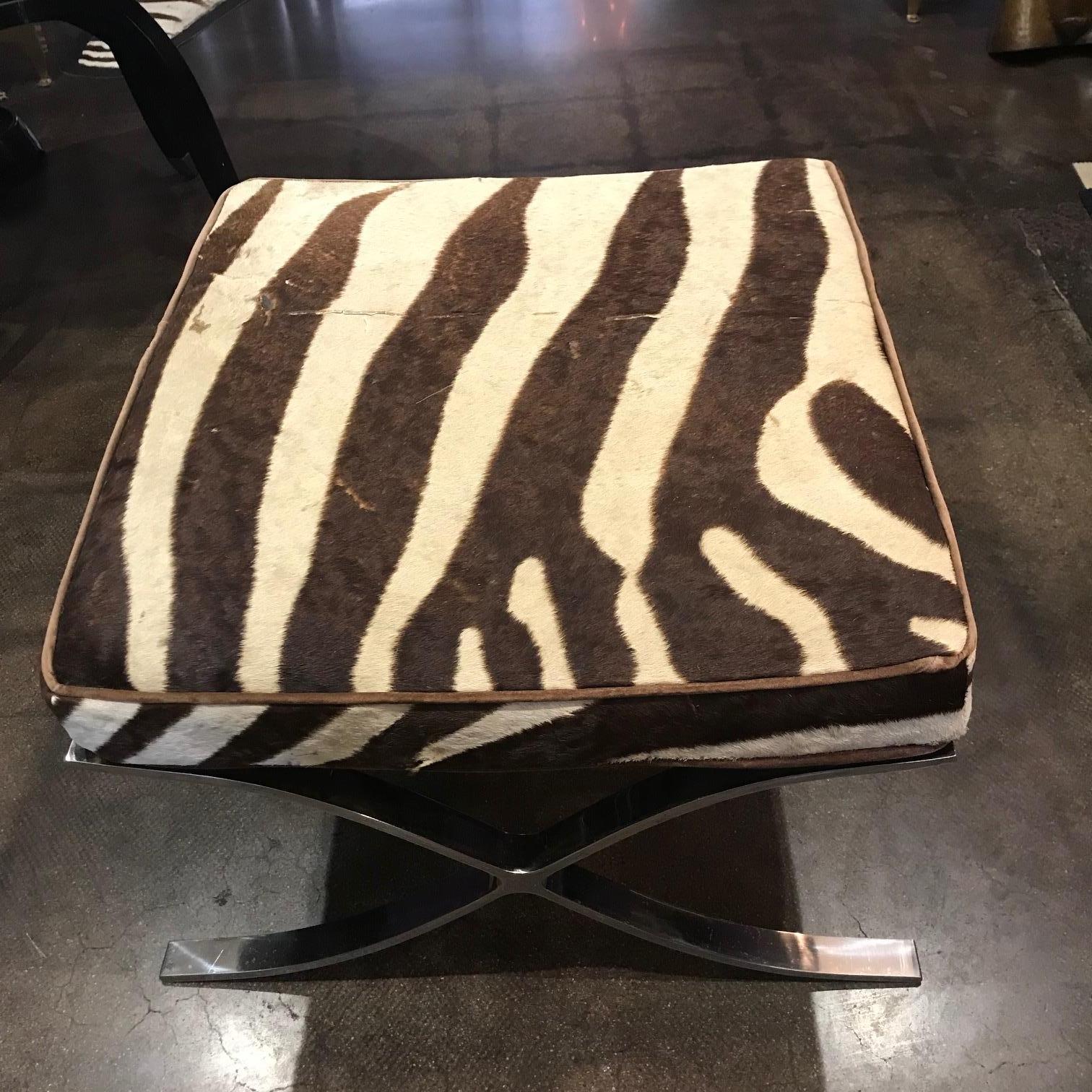 Mid-Century Modern Pair of Barcelona Stools with Zebra Hide Cushions