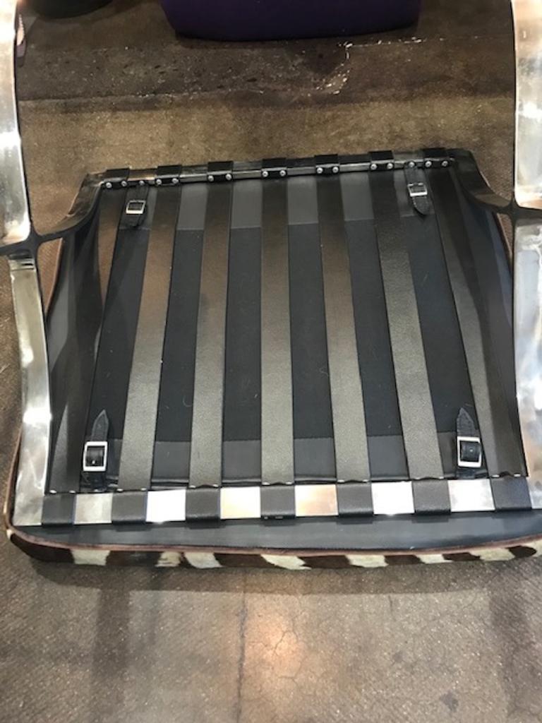 Pair of Barcelona Stools with Zebra Hide Cushions In Distressed Condition In Pasadena, CA