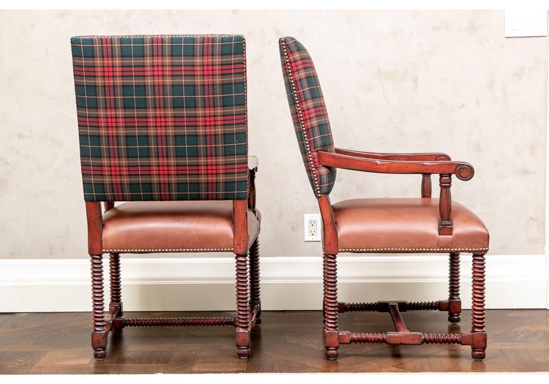 Pair of Barley Twist Chairs in Ralph Lauren Plaid & Holly Hunt Leather 2