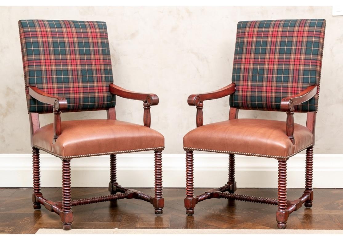 Pair of Barley Twist Chairs in Ralph Lauren Plaid & Holly Hunt Leather 3