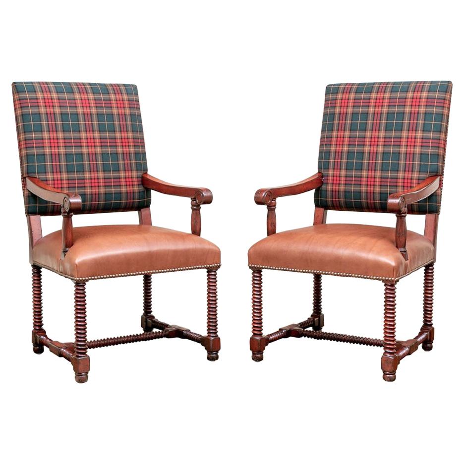 Pair of Barley Twist Chairs in Ralph Lauren Plaid & Holly Hunt Leather