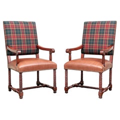 Vintage Pair of Barley Twist Chairs in Ralph Lauren Plaid & Holly Hunt Leather