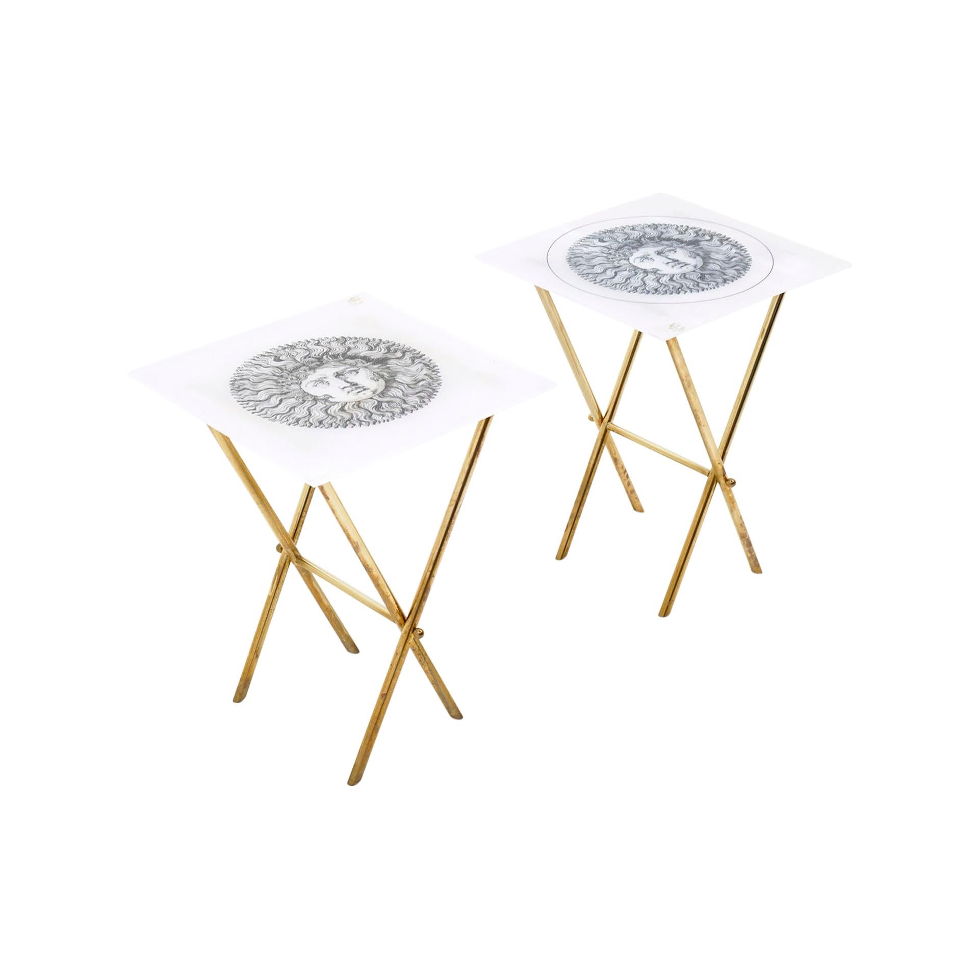 Pair of Barnaba Fornasetti Tray Tables, Acrylic Tops, Brass Folding Bases Signed