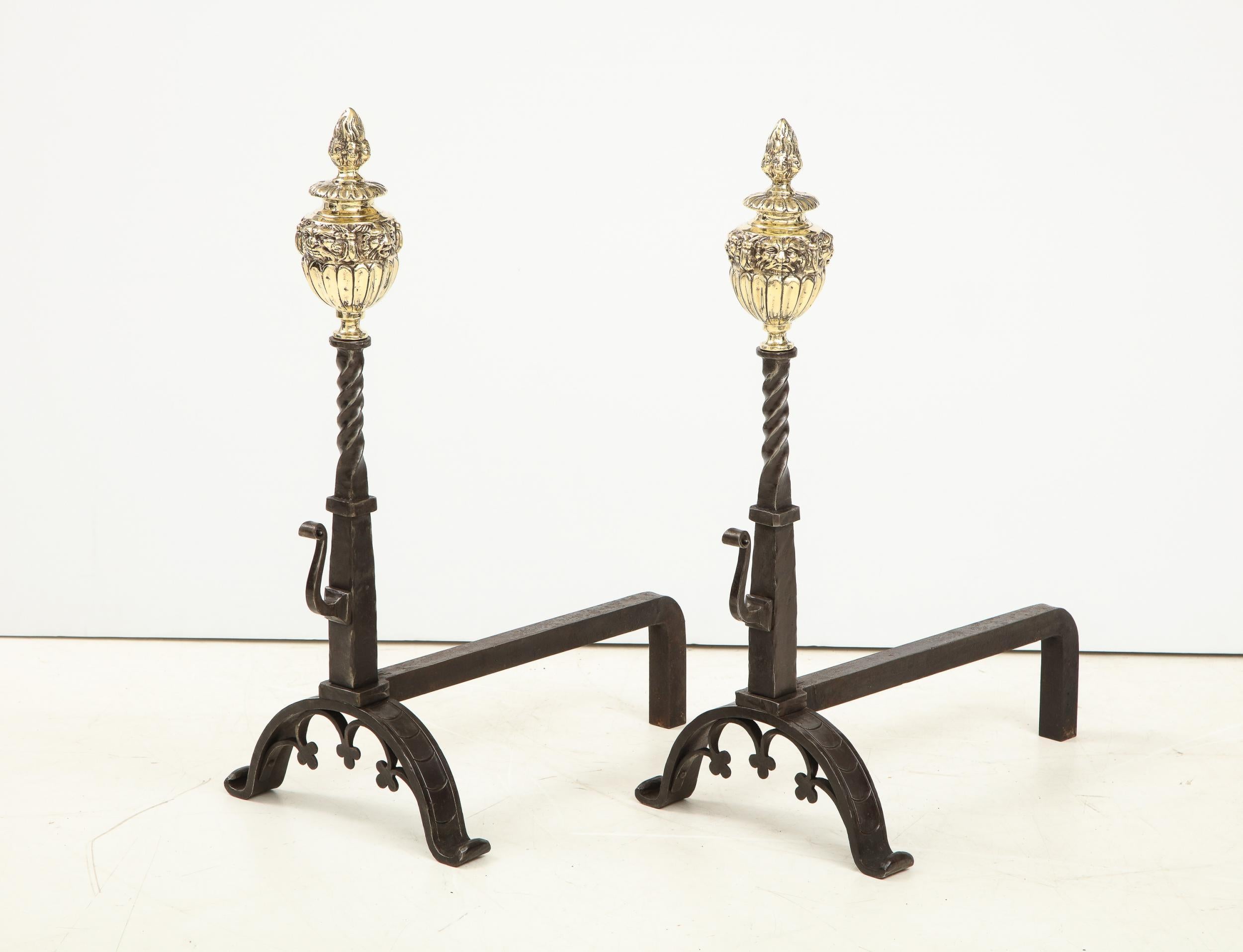 Baroque Pair of Bold Flame Finial Andirons