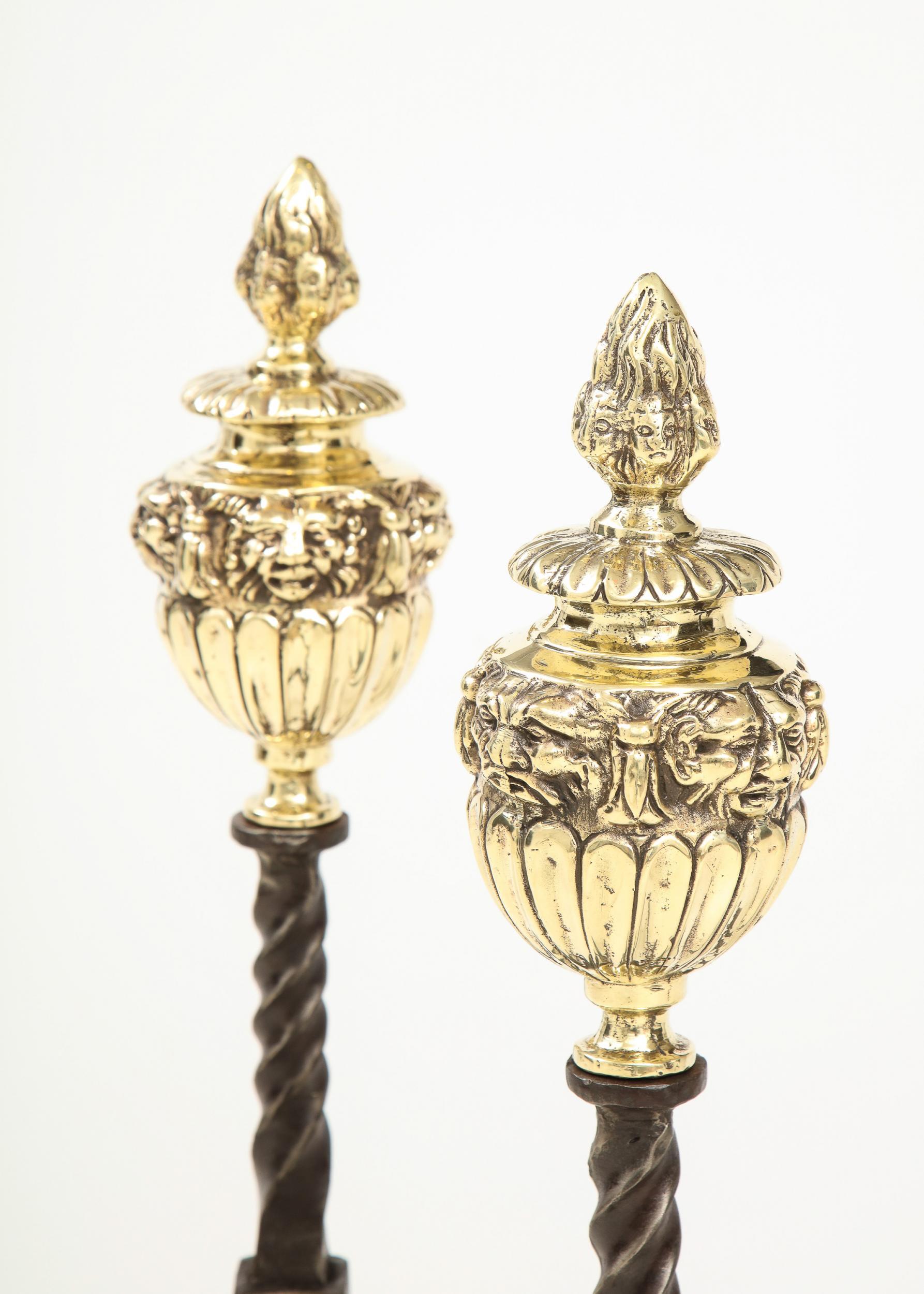 Cast Pair of Bold Flame Finial Andirons