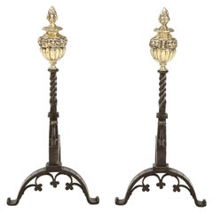 Antique Pair of Bold Flame Finial Andirons