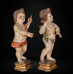 Pair of Baroque Musical Putti in Polychromed Wood, Spanish School, 18th Century