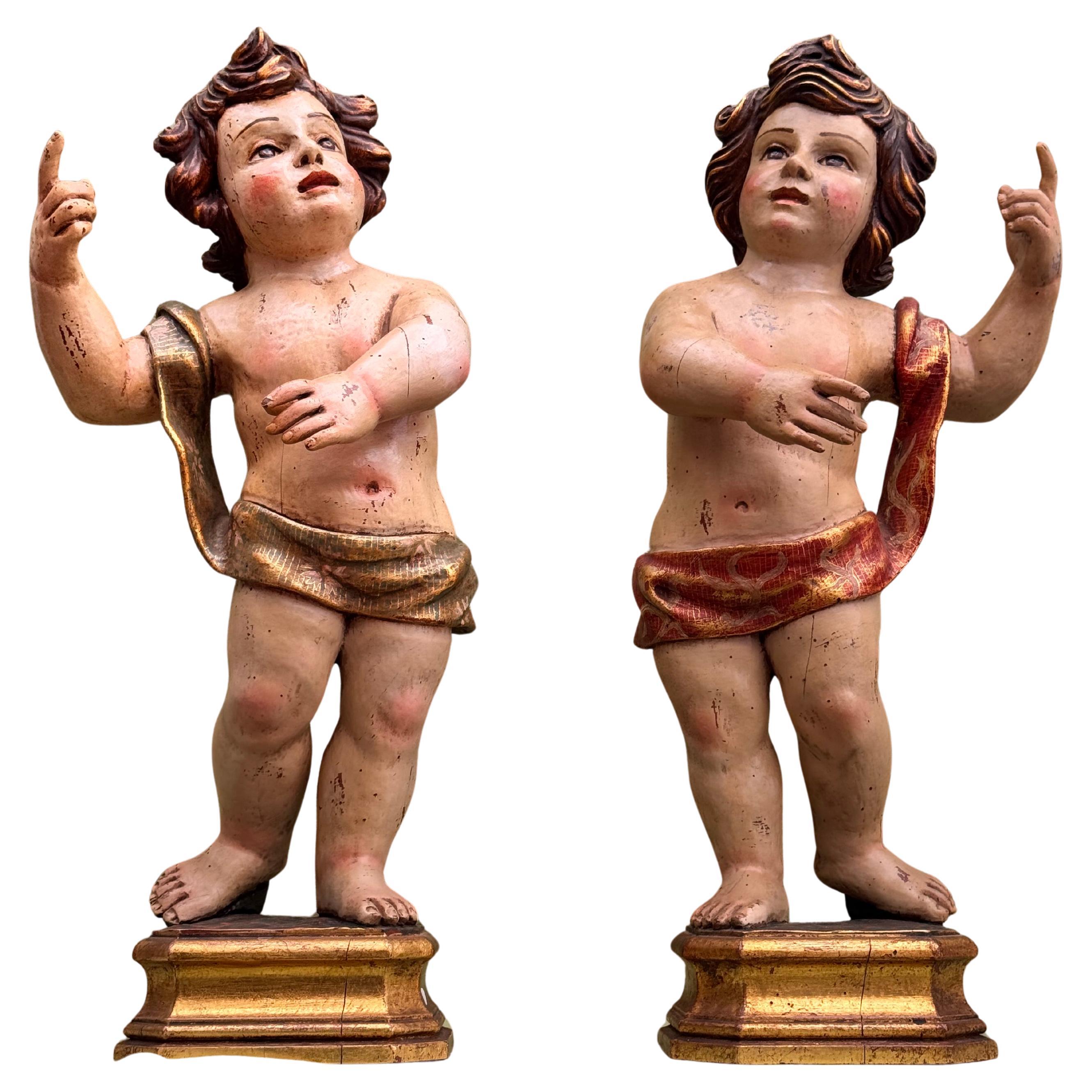 Pair of Baroque Angels in Polychrome Wood, Work of Enrique Orejudo (20th Century For Sale