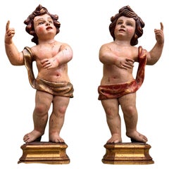 Pair of Baroque Angels in Polychrome Wood, Work of Enrique Orejudo (20th Century Pair of Baroque Angels in Polychrome Wood, Work of Enrique Orejudo (20th Century