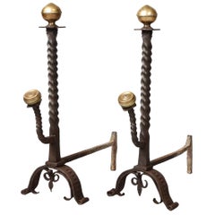 Pair of Baroque Bronze and Iron Andirons