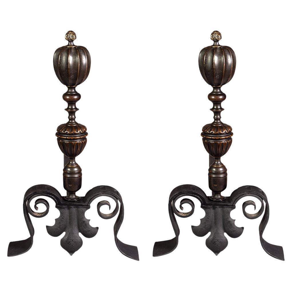 Pair of Baroque Bronze Andirons For Sale