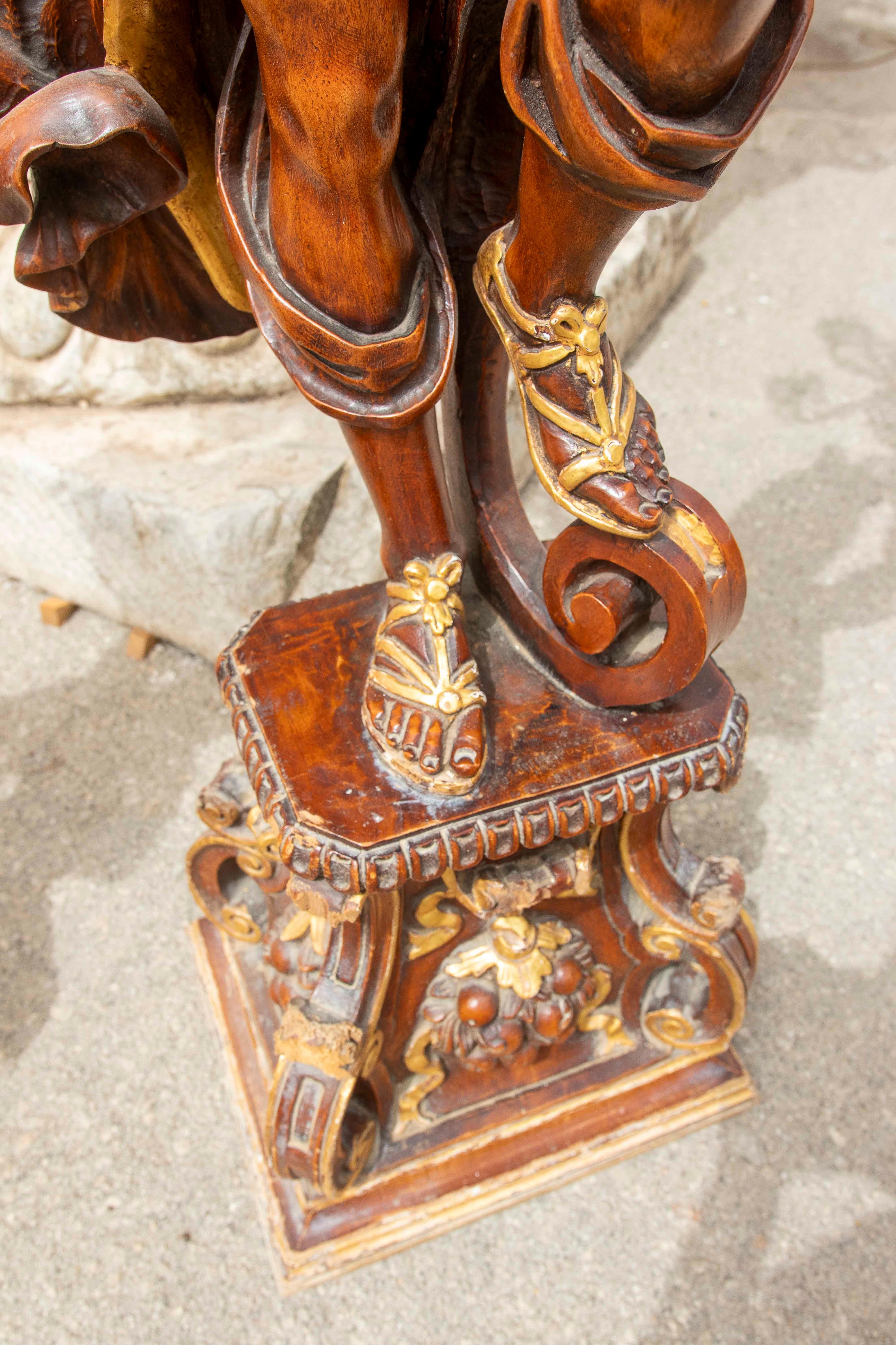Pair of Baroque Candle Holders in Carved and Polychrome Wood with Great Detail For Sale 7