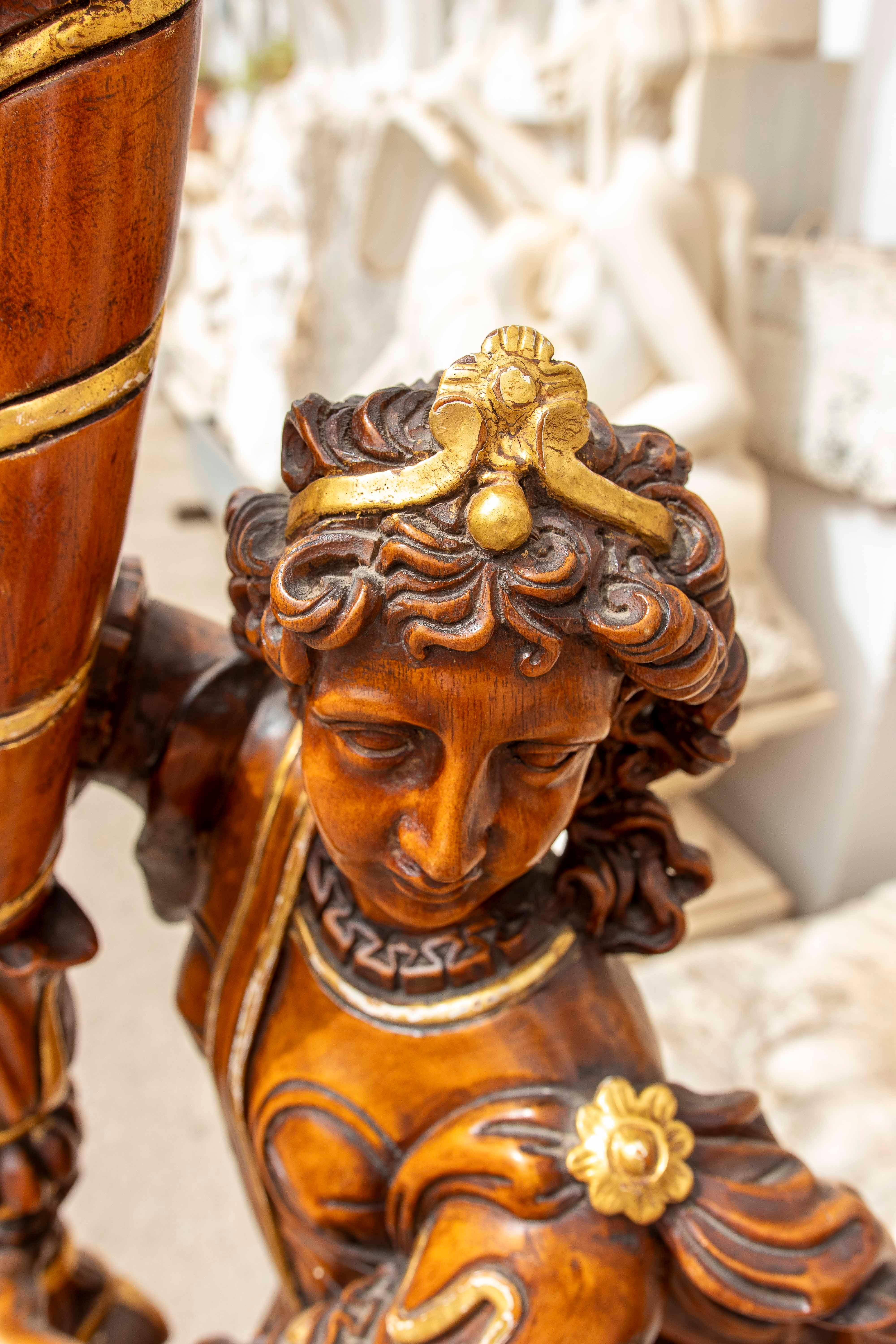Pair of Baroque Candle Holders in Carved and Polychrome Wood with Great Detail For Sale 9