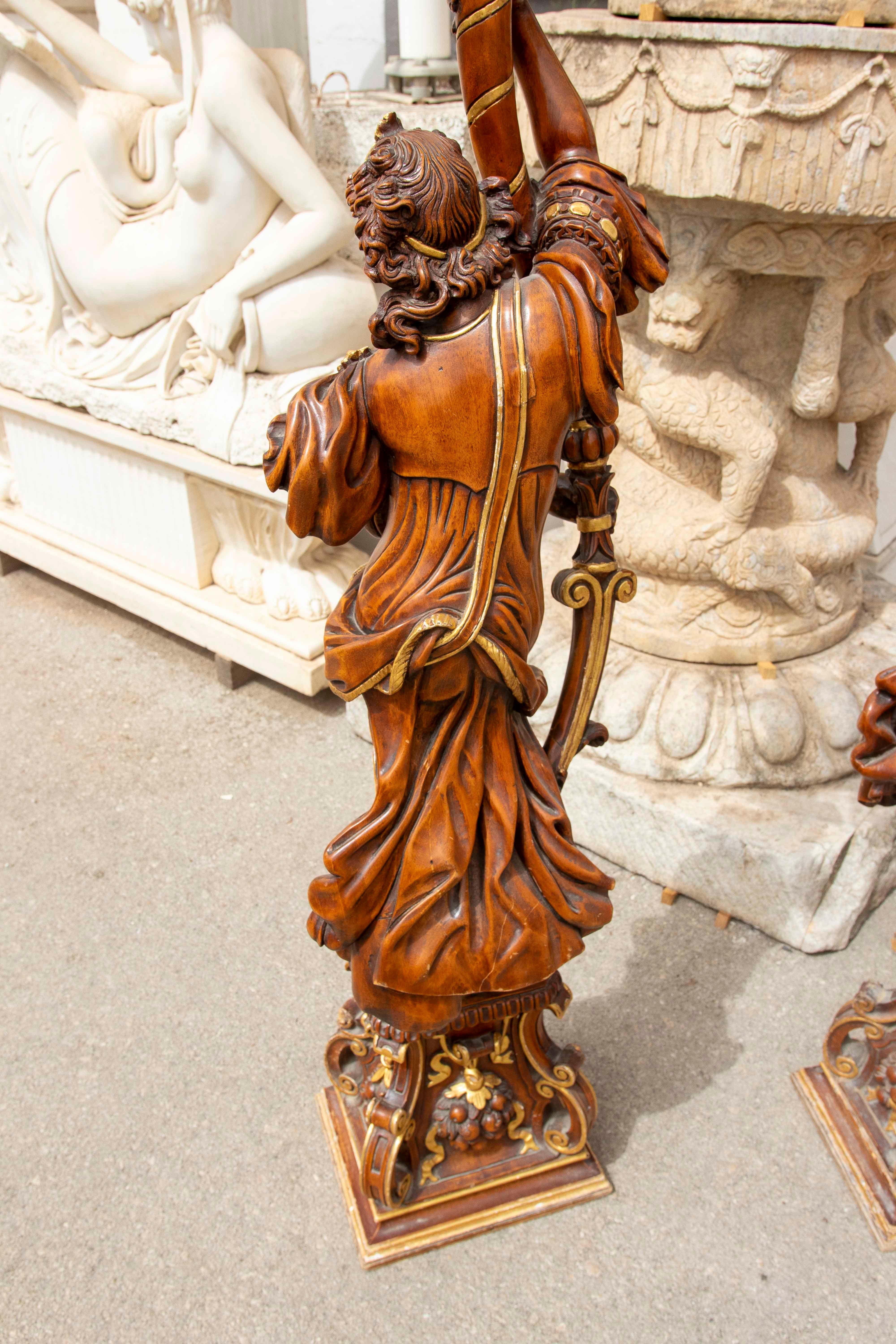 Pair of Baroque Candle Holders in Carved and Polychrome Wood with Great Detail For Sale 10