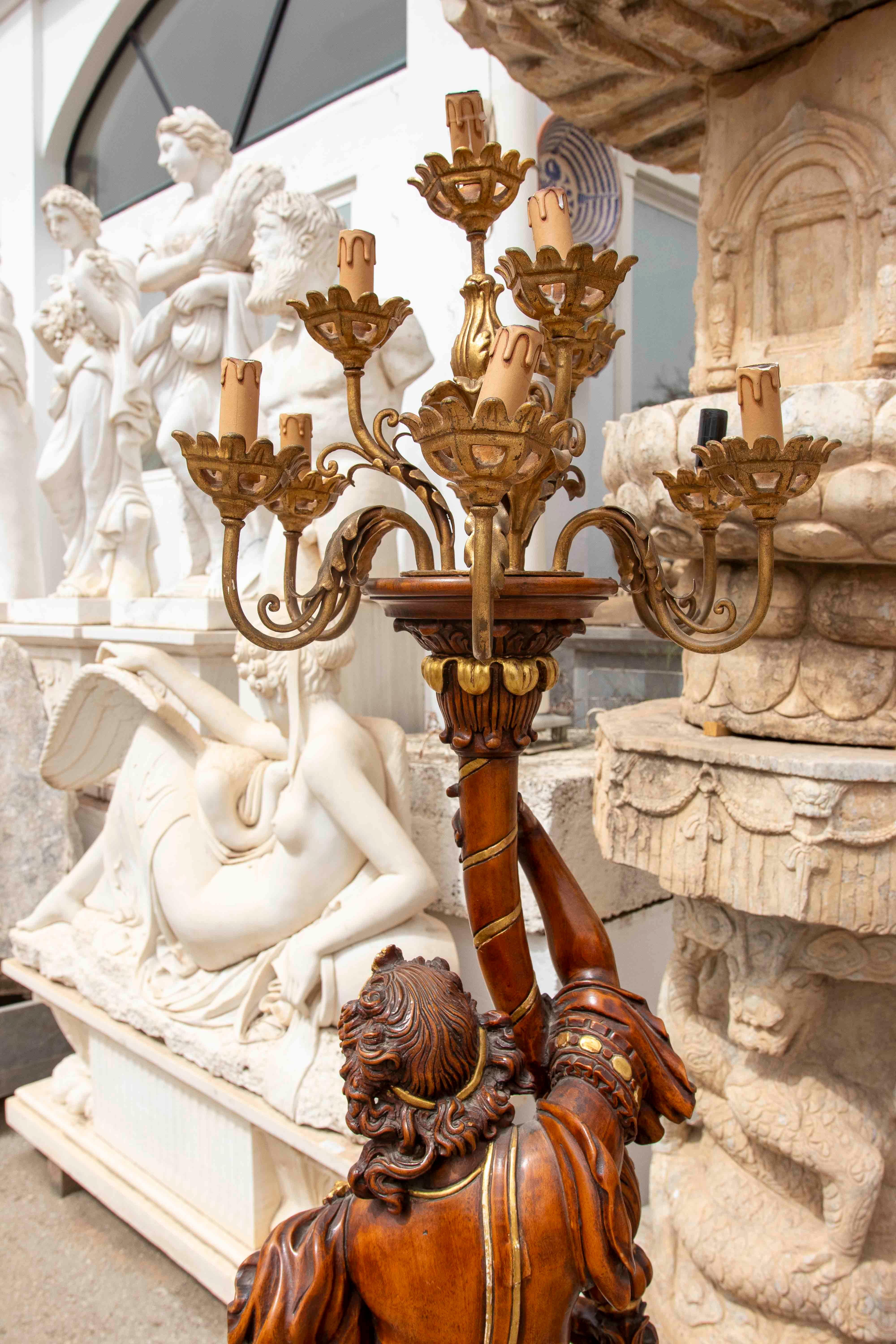 Pair of Baroque Candle Holders in Carved and Polychrome Wood with Great Detail For Sale 11