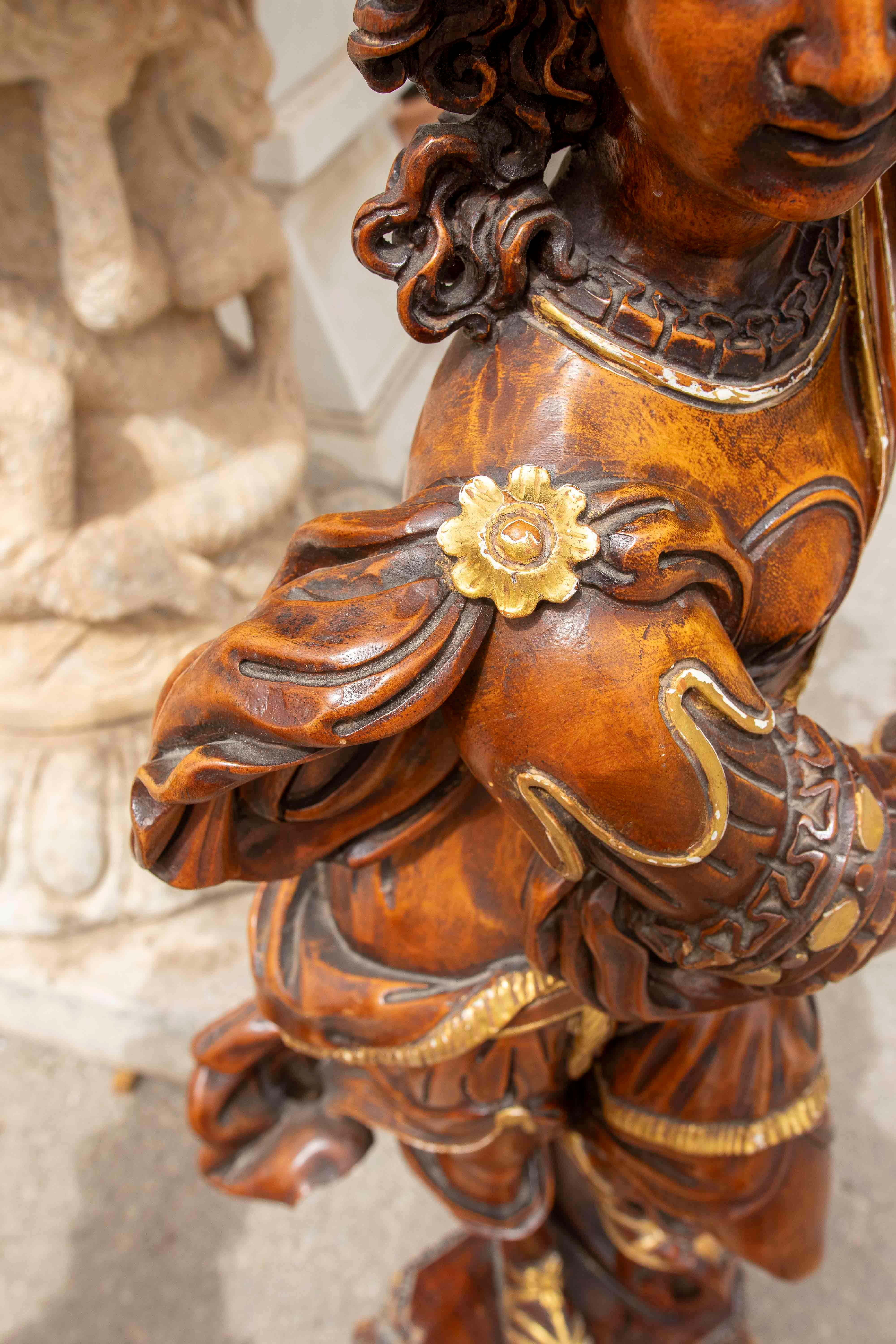 Pair of Baroque Candle Holders in Carved and Polychrome Wood with Great Detail For Sale 12