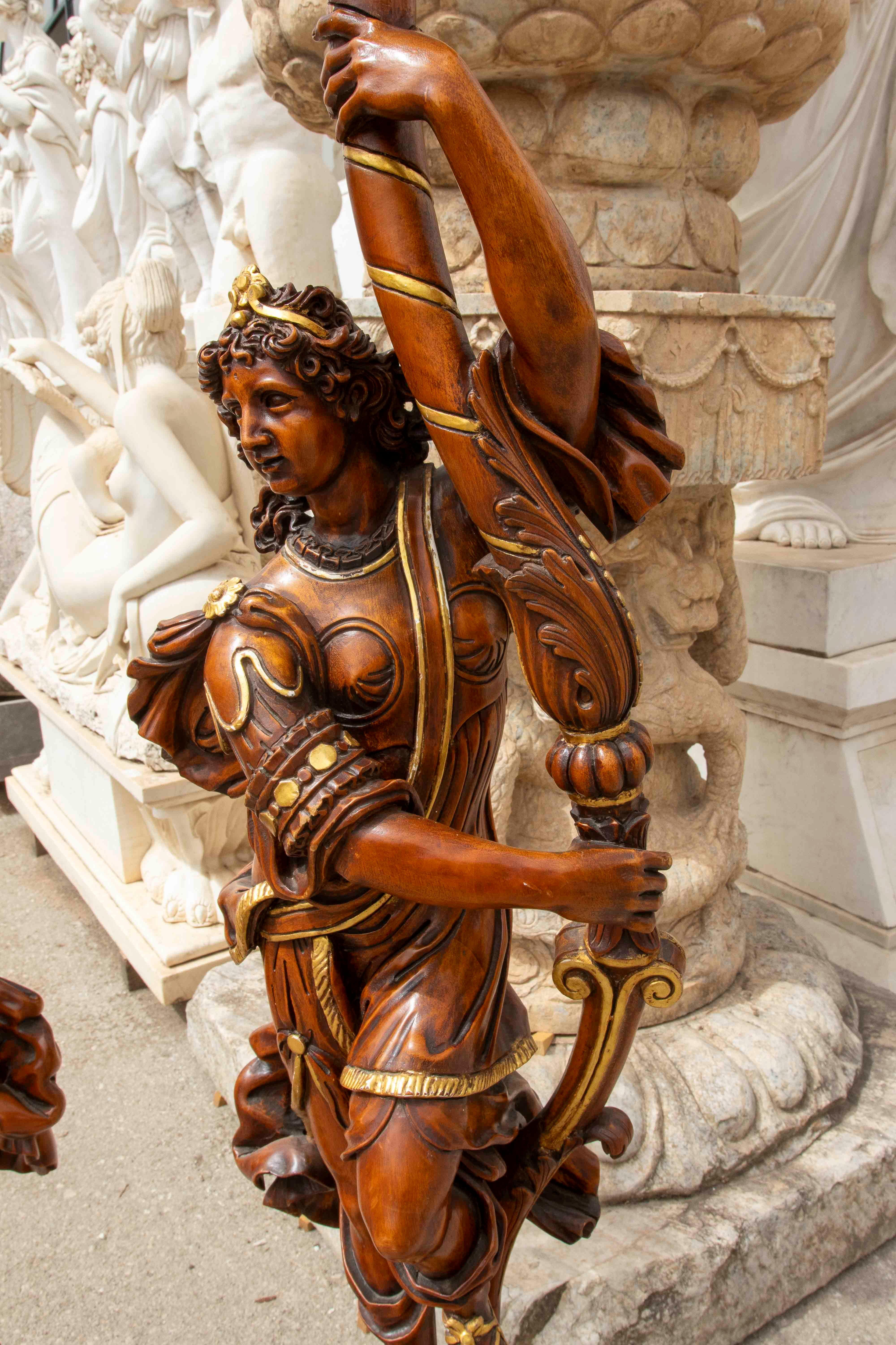 Pair of Baroque Candle Holders in Carved and Polychrome Wood with Great Detail In Good Condition For Sale In Marbella, ES