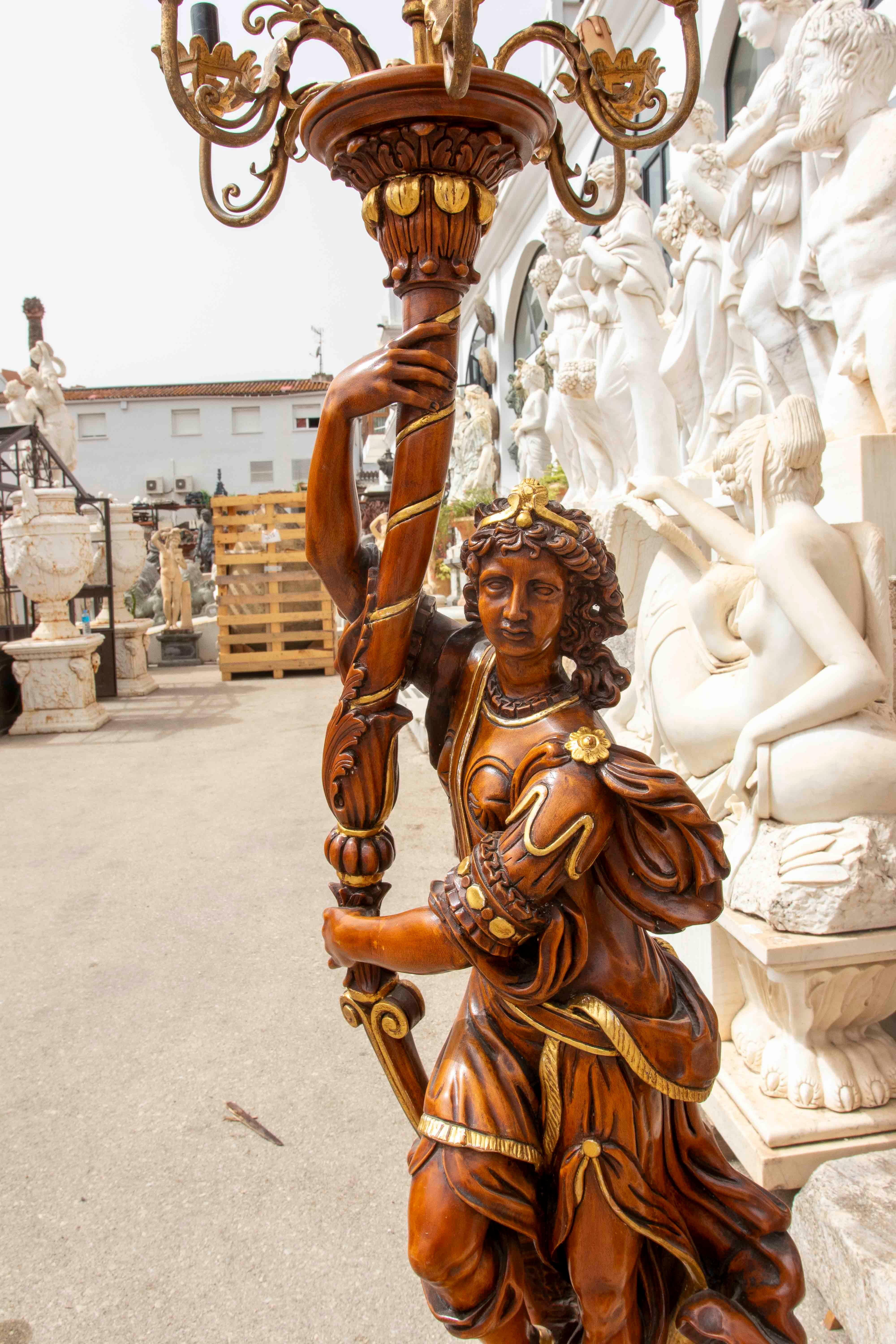 20th Century Pair of Baroque Candle Holders in Carved and Polychrome Wood with Great Detail For Sale