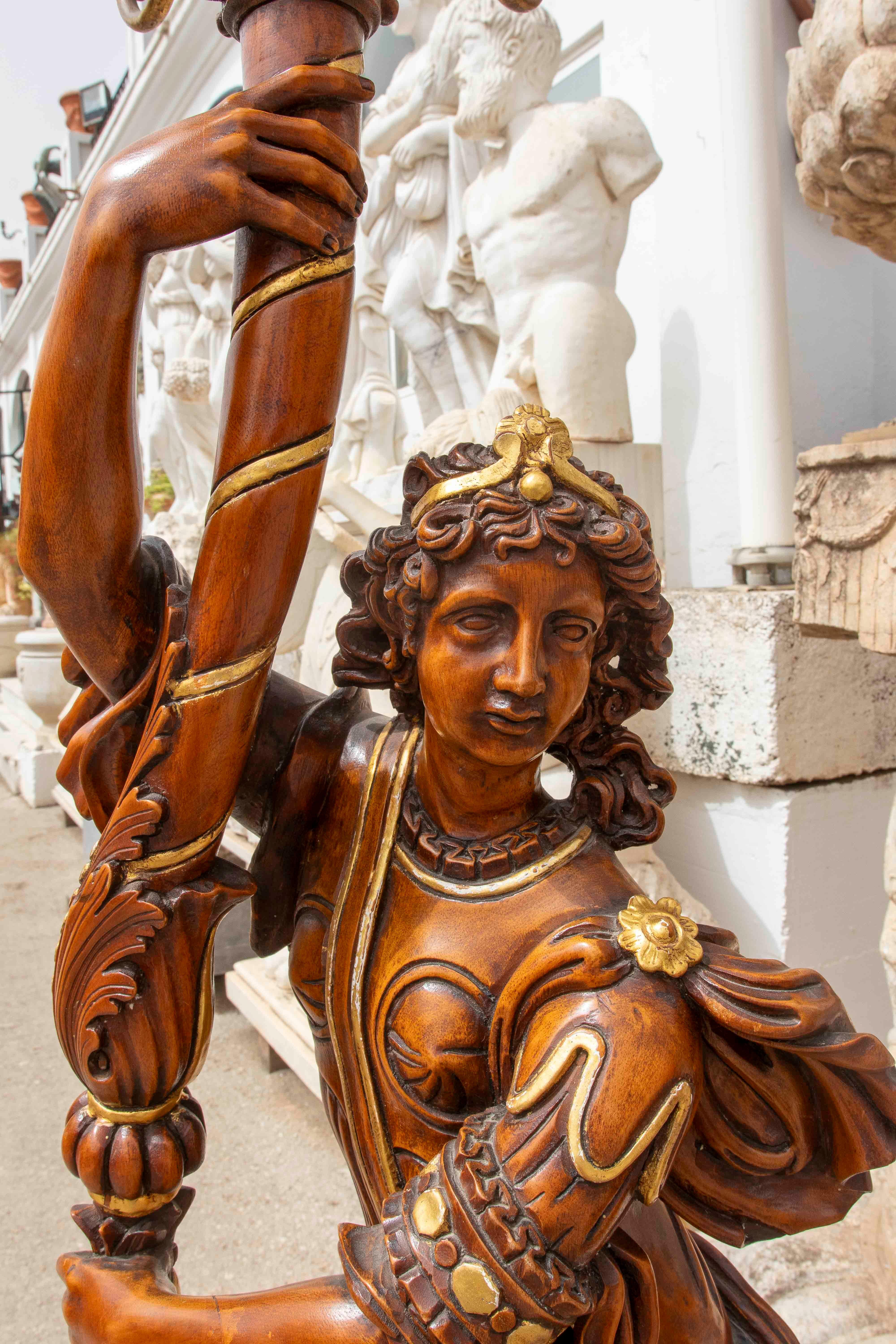 Iron Pair of Baroque Candle Holders in Carved and Polychrome Wood with Great Detail For Sale