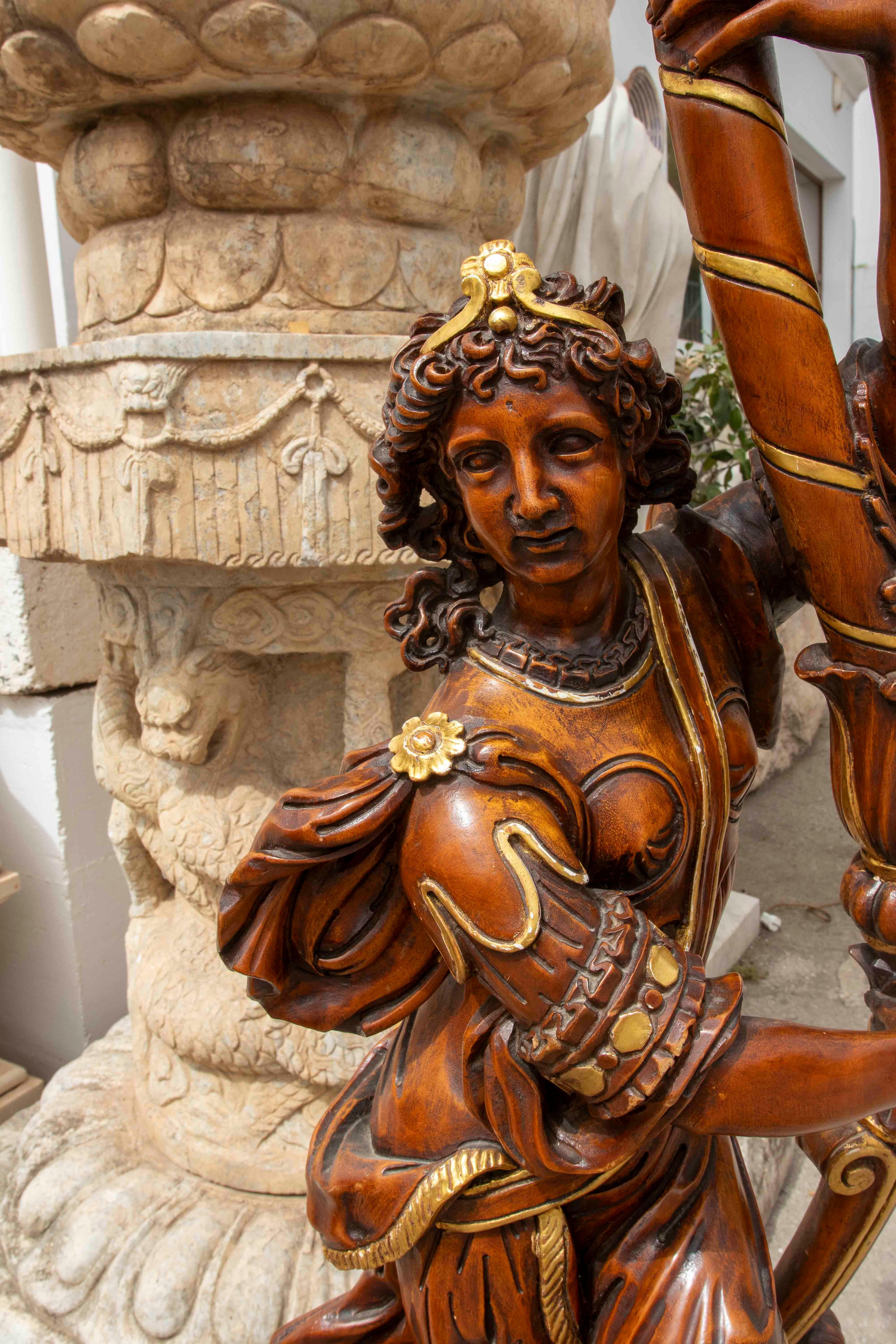 Pair of Baroque Candle Holders in Carved and Polychrome Wood with Great Detail For Sale 1