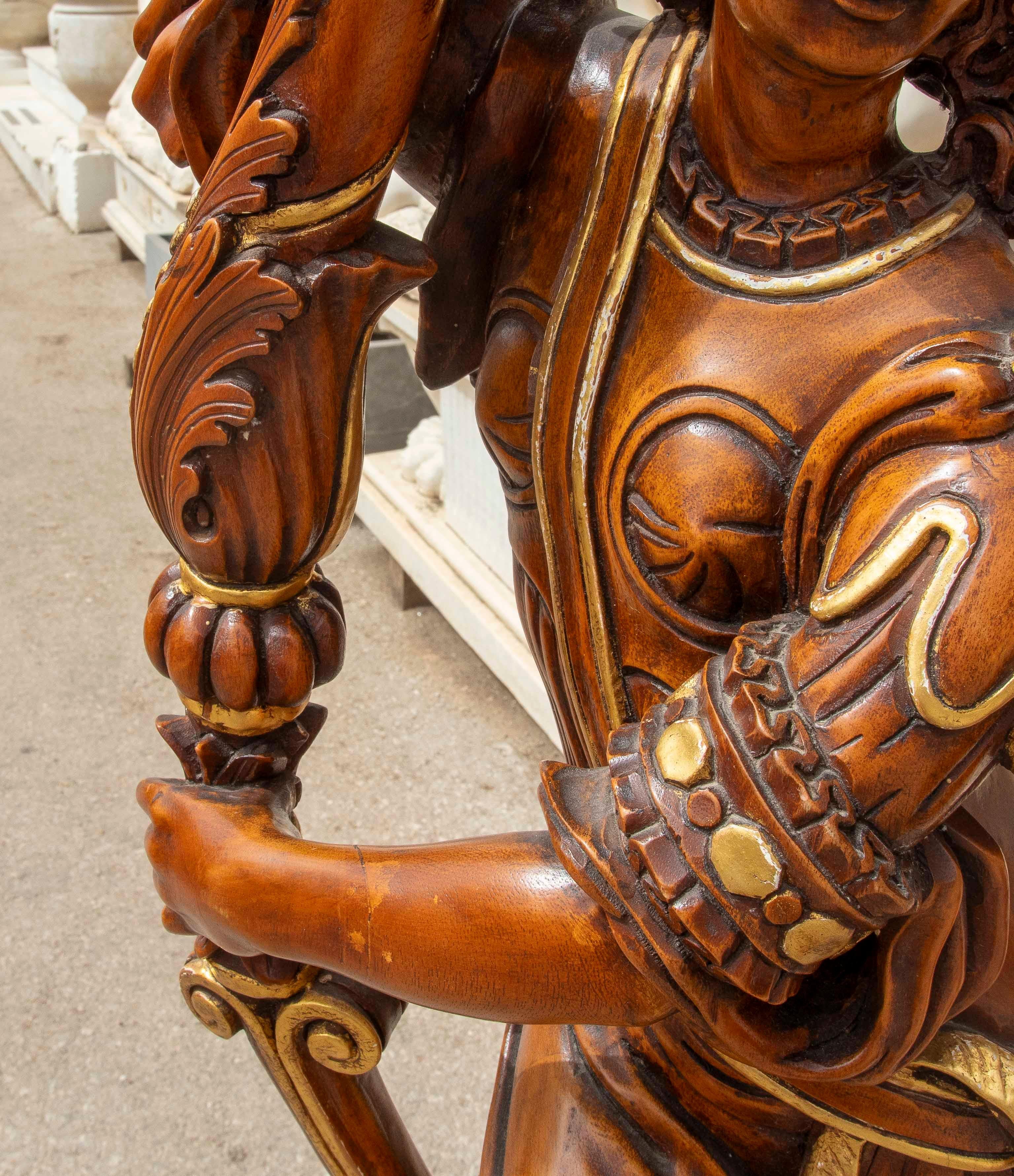 Pair of Baroque Candle Holders in Carved and Polychrome Wood with Great Detail For Sale 2
