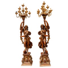 Pair of Baroque Candle Holders in Carved and Polychrome Wood with Great Detail