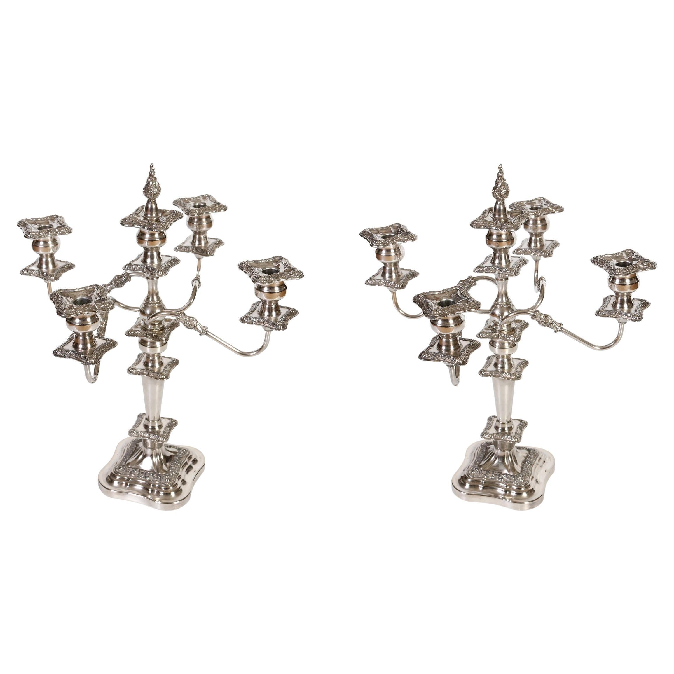 Pair of Baroque Five Arm Silver Plate Weighted Candelabras For Sale