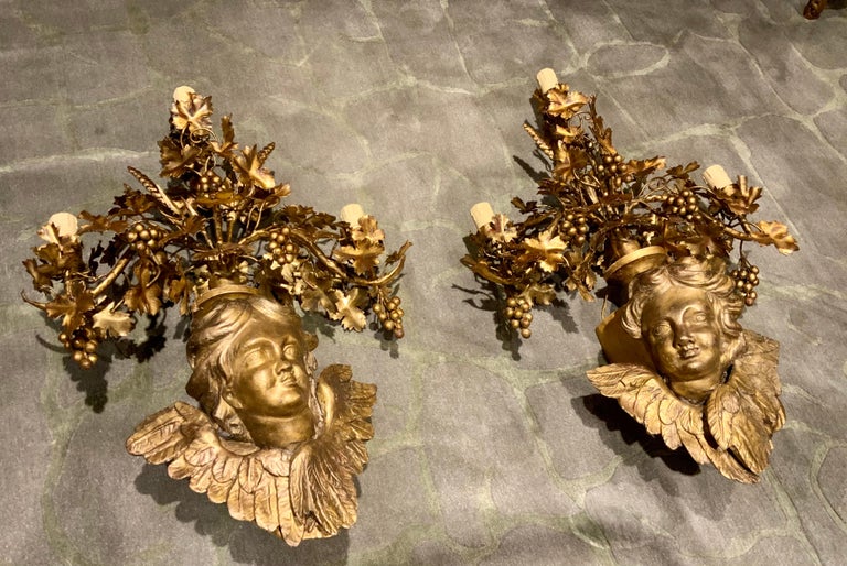 Pair of Baroque French Gilt and Carved Sconces with Angels For Sale at ...