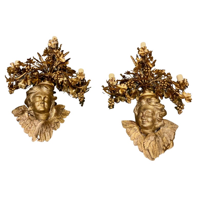 Pair of Baroque French Gilt and Carved Sconces with Angels For Sale at ...