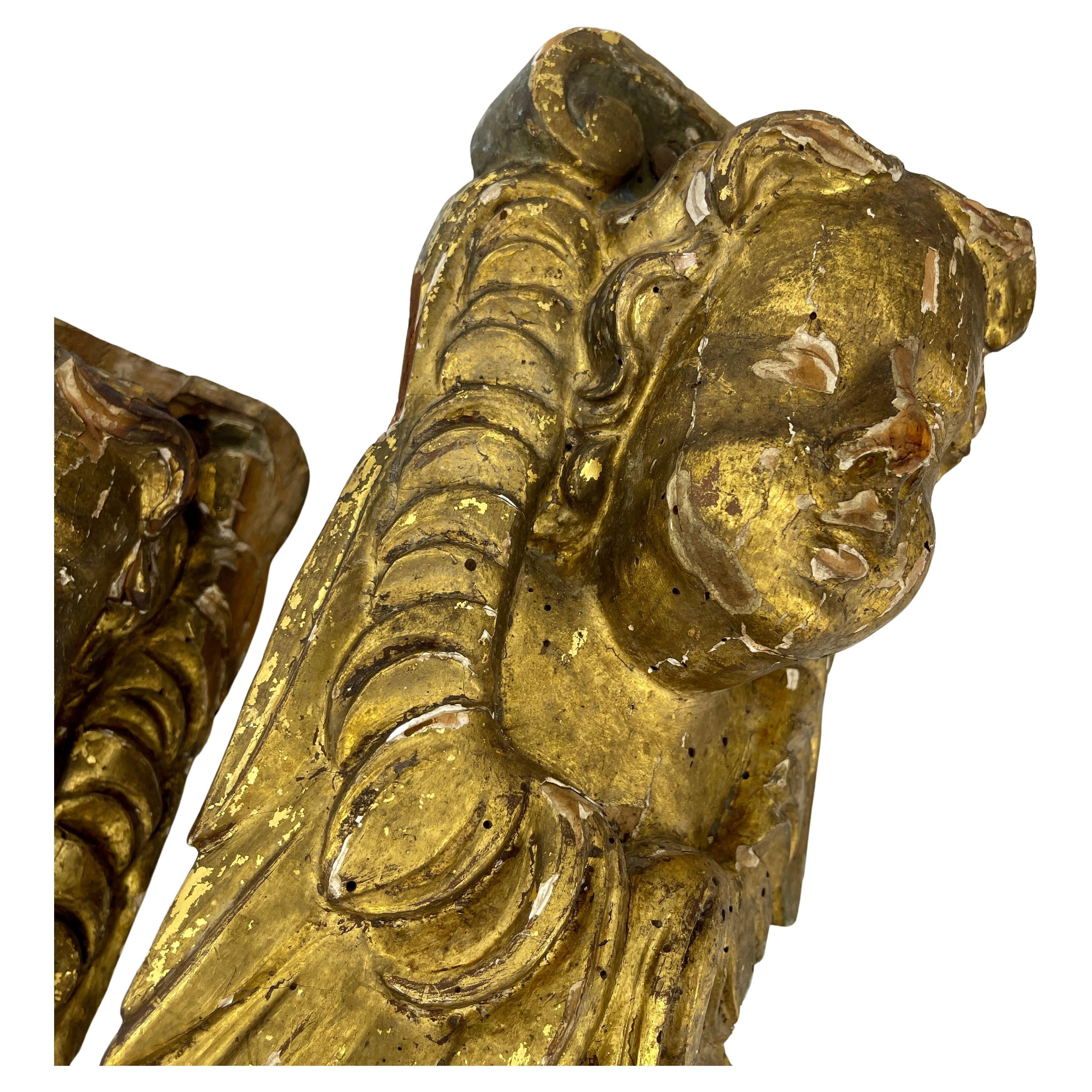 Pair of Baroque Gilt Wood Cherubs Putti Architectural Wall Carvings For Sale 3