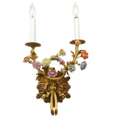 Pair of Baroque Gold Gilded and Porcelain Flower Wall Lamps Sconces