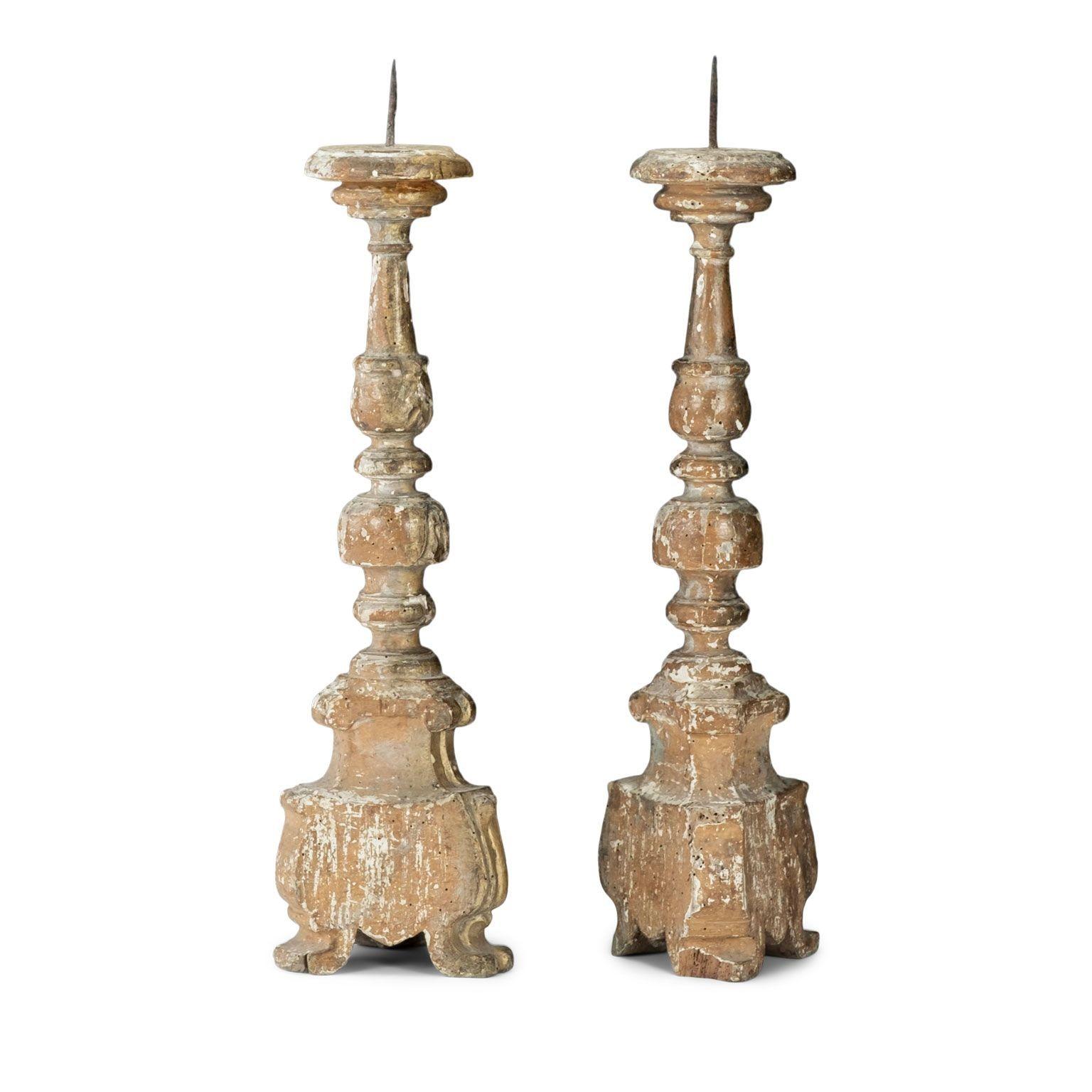 18th Century Pair of Baroque Hand-Carved Giltwood Candlesticks For Sale